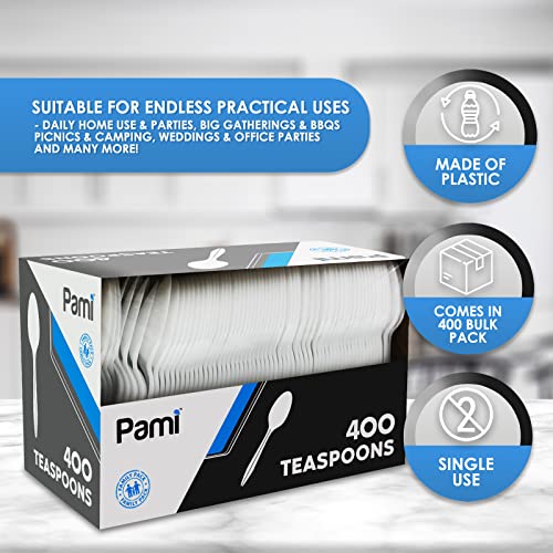 PAMI 400-Pack Medium Weight Disposable Plastic Teaspoons, Bulk Utensils for Parties, Weddings, Catering, Plastic Forks in Bulk Available (Teaspoons White)