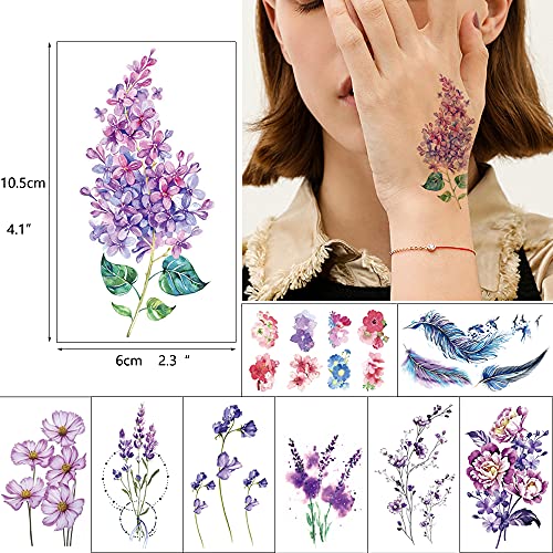 Glaryyears X-Ray Flower Temporary Tattoos For Women, 45 Pack Small Realistic Fake Tattoo Stickers, Long Lasting Watercolor Floral Feather Design Collection, Sexy For Girls On Face Body Hand Arm #TOP1