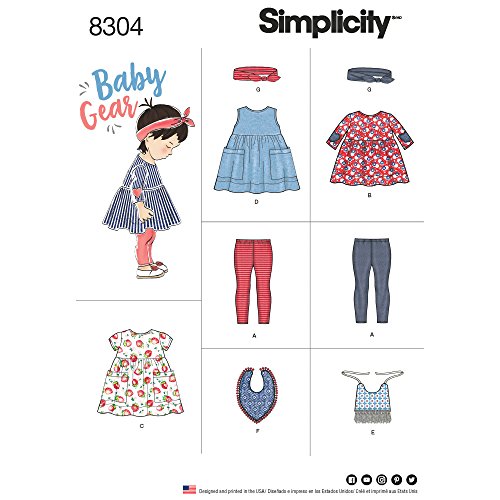 Simplicity Pattern 8304 A (XXS-XS-S-M-L) -Patrones de Costura para Ropa de bebé, Leggings, Parte Superior, Vestido, Baberos y Diadema, Papel, Blanco, 22.00 x 15.00 x 1.00 cm