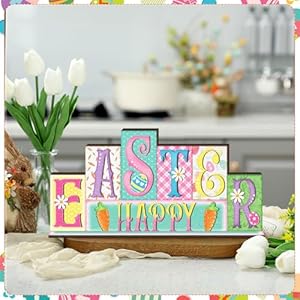 Yousoontic easter decorations pastel spring table decor reversible happy easter wooden sign farmhouse hello spring tabletop centerpiece for home tiered tray shelf office desk mantel rustic decor  urban country home decor
