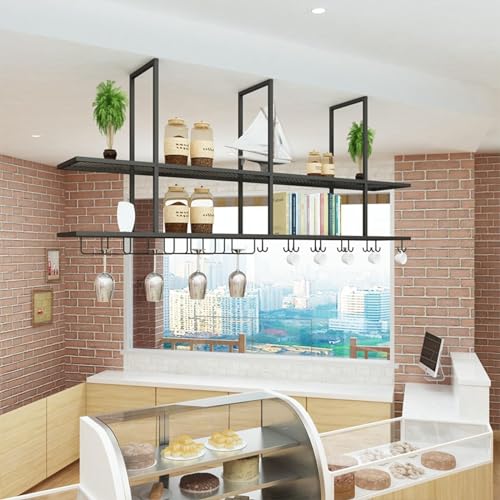 SSRURYWZ Hanging Wine Rack - Ceiling Wine Glass Holder, Ceiling Hanging Storage Shelves, Iron Solid Wood Floating Shelves, Bar Display Stand, Restaurant Display Rack/Plant Stand