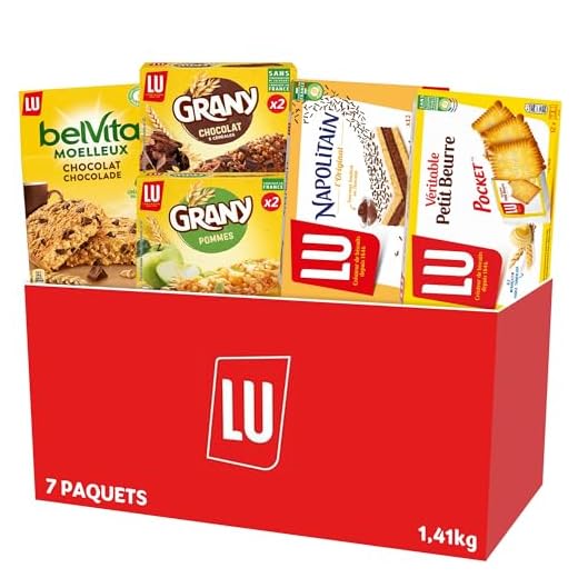 LU - La Boîte Plaisir - Assortiment de 7 Paquets de Biscuits : Véritable Petit Beurre Pocket x1, Napolitain x1, Grany Pommes x2, Grany Chocolat x2, Belvita Moelleux Chocolat x1 - Lot de 1,41kg