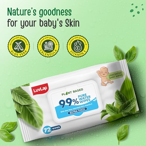 Image of LuvLap Plant Based 99% Pure Water Baby Wipes, 72 Count (Pack of 3), Extra Thick Unscented with Aloe Vera & Vitamin E, pH Balanced, Paraben Free, Ideal for Delicate Skin, Dermatologically Tested