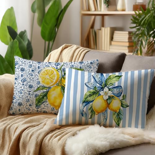 Image of Blue and Yellow Summer Italian Mediterranean Amalfi Coast Lemon Pillow Cover Decor 12x20, Striped Italian Decorative Throw Pillow Cover Decor for Couch Double-Sided Set of 2