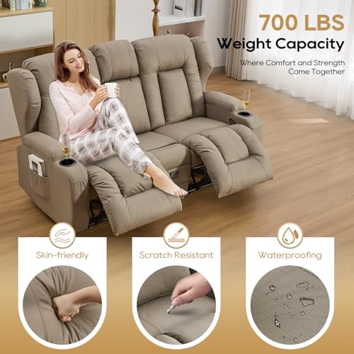 Image of IPKIG 67 inch RV Loveseat Double Recliner Sofa with FILP Back Console, Storage Drawer, Side Pockets, Lychee Pattern Tech Fabric Manual Reclining Chair Home Theater Seating (Khaki)