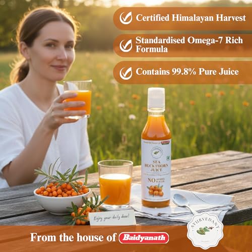 Image of Baidyanath Ayurvedant Himalayan Sea Buckthorn Juice, Cold-Pressed, 500 ml | Natural Source of Vitamin C, Omega 3, 6, 7 & 9, Antioxidants | Supports Immunity, Skin Health & Gut Health