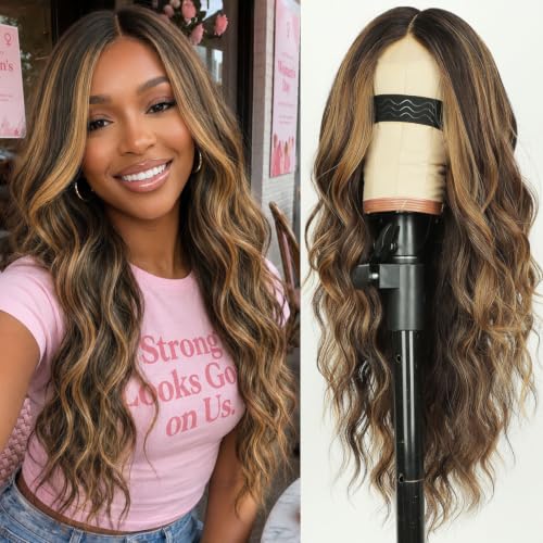Image of AISI HAIR Brown Highlights Wig for Women, Wavy Synthetic Lace Wig 26Inch | Lace Hairline,Middle Part,Heat Resistant Wig,Daily Party,Natural-Looking,Adjustable Cap,Beginner Friendly,Soft Silky Texture