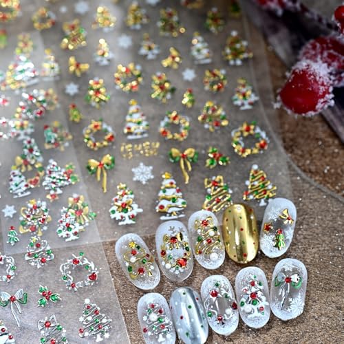 Image of Christmas Tree Nail Sticker Decals Gold Nail Stickers Bow Nail Decals with Colorful Design 5D Self Adhesive Nails Charms for Women Girls Xmas Manicure Decoration Accessories Supply