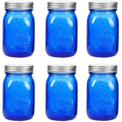 Amzcku 16 oz Blue Mason Jars with Lids，Regular Mouth Canning Jar, 6 Pack Multifunction Glass Container, for Storage, Canning, Pickling, Preserving, Fermenting, DIY Crafts & Decor… Cover