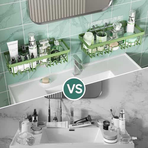 Image of Veken Rustproof & Waterproof Shower Caddy 6-Pack, No Drilling Adhesive Shelves Rack with Soap Holder, Large Capacity Bathroom Organizers and Storage, Wall-Mounted Kitchen & Home Decor, Green