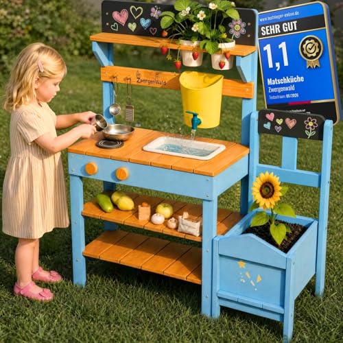 Matschküche Kinder Outdoor mit Wassertank & Spülbecken mit Pflanzkasten Mud Kitchen Holz Spielküche Outdoor Höhenverstellbar Matschtisch Kinder Kinderküche Holz Wetterfest