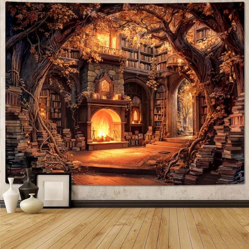 Motanber Fireplace Library Tapestry Forest Bookshelf Tapestries Wall Hanging Vintage Fantasy Fairy Tree Book Large Tapestry for Bedroom Living Room Dorm Classroom 80 x 60 inch
