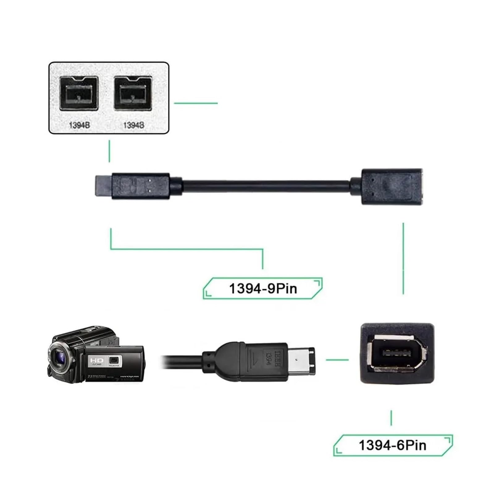 Câble adaptateur Firewire 0,66 IEEE 1394 IEEE1394 6PIN femelle vers 1394b mâle 9 broches Firewire 400 vers 800 (6 femelles vers 6 mâles)