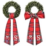 2Pcs Christmas Wreath Sash for Front Door Xmas Wreath Sash Embroidery Monogram Satin Wreath Sash Red Plaid Nutcracker Wreath Satin Sash for Wreath Accessories Yard Doorway Indoor Wall Decor Letter S