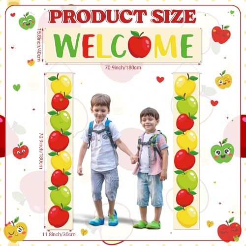 Image of Funrous 3 Pcs Back to School Welcome Door Banners New School Year Door Decorations Apple Theme Welcome Porch Sign Hanging Porch Photo Props for Wall Outdoor Indoor Classroom Party Supplies