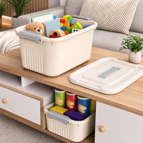 Image of HoopVool Multipurpose Plastic Storage Container Box - Sturdy and Versatile Home Organizer, Available in Multiple Size. (CREAM, MEDIUM - 12 X 8.5 X 7 INCH, PACK OF - 1)