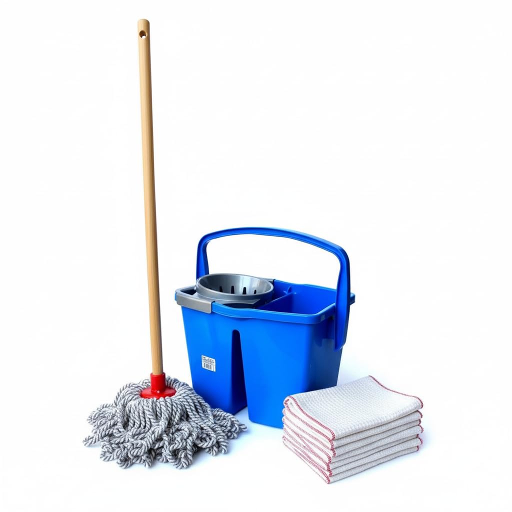 Kit Mop Completo 4 Pezzi - Manico Legno 150cm Testina Cotone 300g Secchio 14L Strizzatore 10 Panni 50x70cm - Bundle Lavaggio Pavimenti Professionale