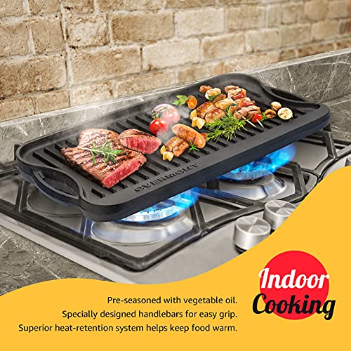 OVERMONT Pre-Seasoned Cast Iron Reversible Griddle Grill Pan with Handles for Gas Stovetop Open Fire Oven, 43.18 * 24.89CM (17x9.8) - One Tray, Scrapers Included - Image 6