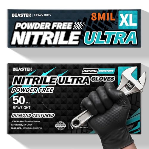 Beastek Nitrile Disposable Gloves, 8 Mil Powder Free Latex Free Chemical Resistant Heavy Duty Food Safe Diamond Gloves, Black 50 Pcs (X-Large)