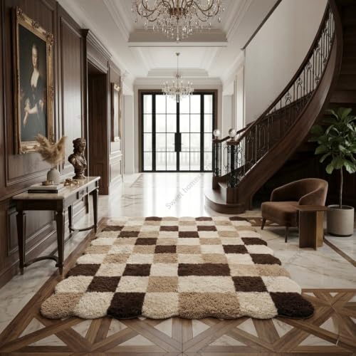 Image of SWEET HOMES Brown Beige Carpet for Living Room Shaggy Checkered Area Rug | Ultra Soft Irregular Shape, 6 x 8 Feet (183 x 244 cm), Beige-Brown A1