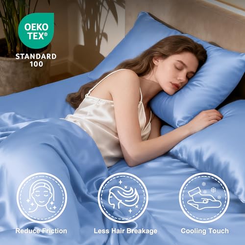 Image of Love's cabin Satin King Sheet Sets - 4 Piece Sky Blue Silky Sheets King Size Bed with Deep Pocket, Luxury Silk Feel King Size Satin Sheet Set (1 Flat Sheet,1 Fitted Sheet,2 Pillow Cases)