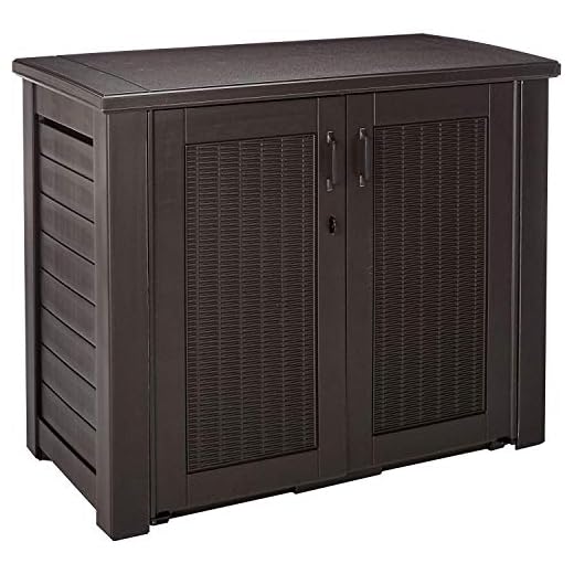 Rubbermaid Patio Chic Resin Weather Resistant Outdoor Storage Deck Box, 123 Gal., Black Oak Rattan Wicker Basket Weave, for Garden/Backyard/Home/Pool