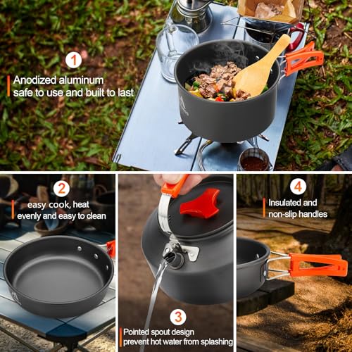 17pcs Camping Cookware Kit, 0.45Gal Pot, 7inches Pan,0.30Gal Kettle Set with 2 Set Stainless Steel Cups Plates Forks Knives Spoons for Hiking - Image 7