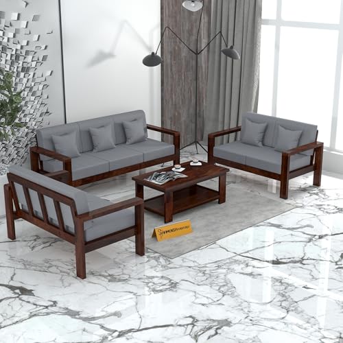 Image of Sheesham Wooden 7 Seater Sofa for Living Room | Solid Wood Sofa | Rosewood Sofa Set for Home & Office | Lounge (Walnut Finish, 3+2+2 Seater)