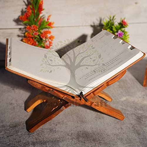 Image of Naayaab Craft Handmade & Handcraft Sheesham Wooden Book Holder Display Stand Folding Religious Prayer Free Reading Stand with Intricate Carvings, Rehal for Religious Holy Books - Size (12 Inch)