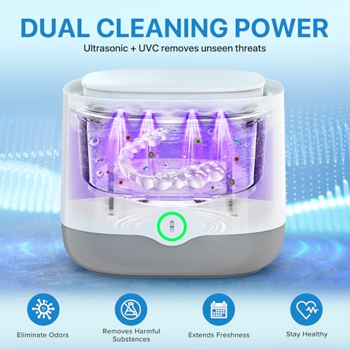 Image of Ultrasonic Retainer Cleaner Machine for Denture Mouth Guard Night Guard Aligner | 45kHz, 3 Smart Cleaning Modes, 6 Cleaning Tablets, 200ML Practical Capacity, Rechargeable, Cordless & Travel-Friendly