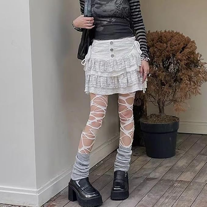 NXITK 2 Pack Goth Tights - Ripped Gothic Tights for Women: White