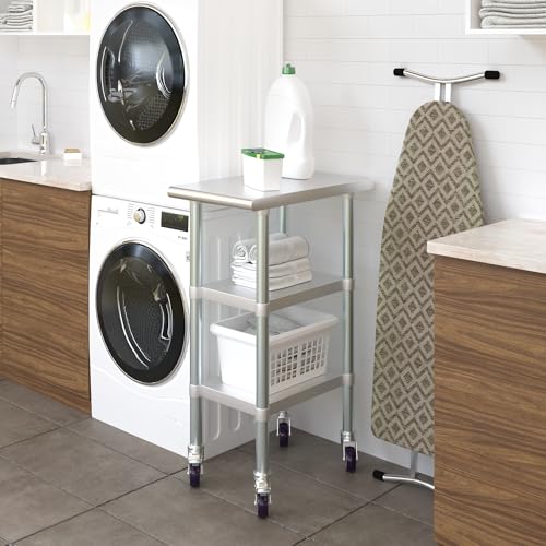 Image of AmGood Stainless Steel Work Table with 2 Shelves and Casters | Metal Utility Table On Wheels (Stainless Steel Work Table with 2 Shelves + Casters, 15 inch Long x 24 inch Deep)