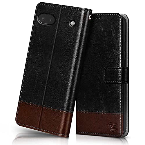 Image of FLIPPED Vegan Leather Flip Case Back Cover for Google Pixel 6A (Flexible, Shock Proof | Hand Stitched Leather Finish | Card Pockets Wallet & Stand | Black with Brown)