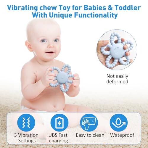 Image of Vibrating Sensory Chew Toy, Vibrating Teether for Baby, Silicone Children Infant Teething Ring Relief for Babies 0-6 0-12 0-36 Month, USB Chargeable &3X Vibration Gift Kid with Autism Toddler
