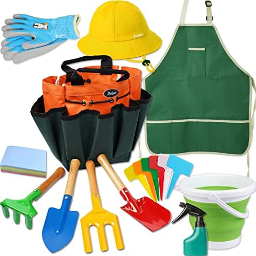 Kidz Gardening Set -Real Metal Gardening Tools Kit for Childrenz Includes Sturdy Shovel,Rake,Fork,Trowel,Kidz Garden Kit with Sun Hat,Apron,Gloves,Tote Bag,Sprayer and Bucket,Outdoor Gardening Gifts