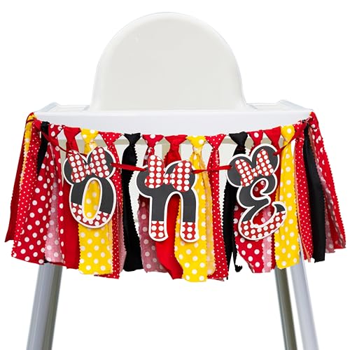 Image of GIOGUK Mouse One High Chair Banner - First Birthday Party Decorations Banner, Mouse Theme 1st Birthday Party Supplies High Chair Garland, Cartoon Sign Baby Shower Anniversary Party Garland