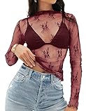 MEROKEETY Womens 2025 Mesh Sheer Long Sleeve Layering Top Sexy Y2k Mock Neck Floral Lace See Through Shirt Blouses Burgundy Large