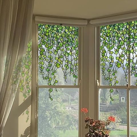 ChicSkin Original Hand Drawn Stained Glass Window Hanging Clings, Floral Window Film Decorative Textured Window Cling, Spring Vine Glass Window Decor Green Pearl Vine Window Stickers 22.83"X51.18" Cover