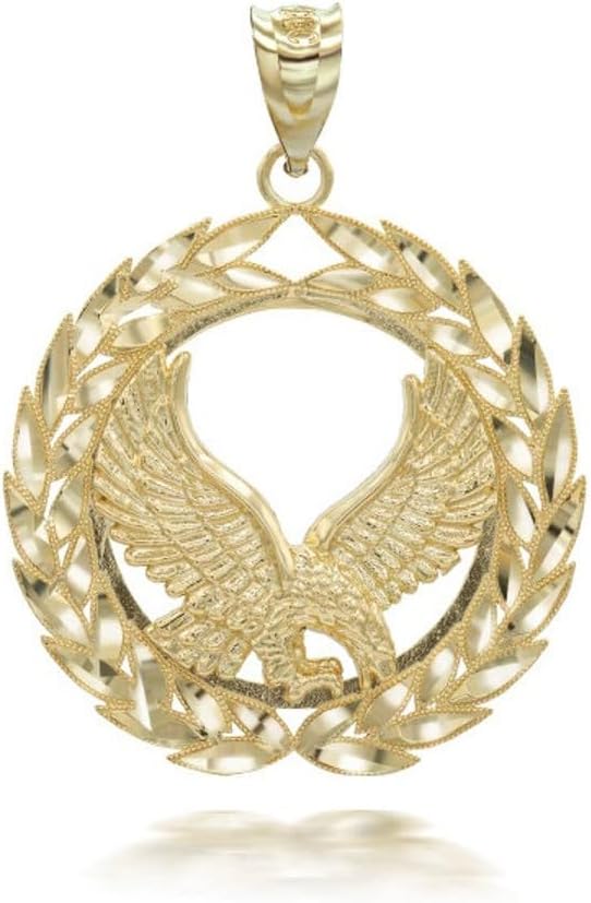 10K or 14K Yellow Gold 1.30" Patriotic USA American Eagle with Olive Wreath Peace Round Pendant Necklace - Choice of Chain Length