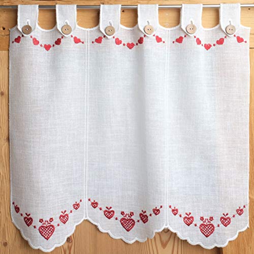 Gaidra Tendina A Vetro in Stile Tirolese su Misura, Ricamo Fantasia Cuori-CINI con Botton-cini– 5681, Colore Rosso, 48 larg. x 45 Alt. cm