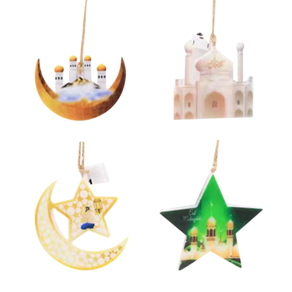 JOYWU Ramadan Decorations Moon Star Lights Pendant, 4 Pcs Eid Mubarak Window Lights with 3 Light Modes, Ramadan Kareem Hanging Pendant Ornament for Wall Bedroom Muslim Islamic Home Decor (Set of A)