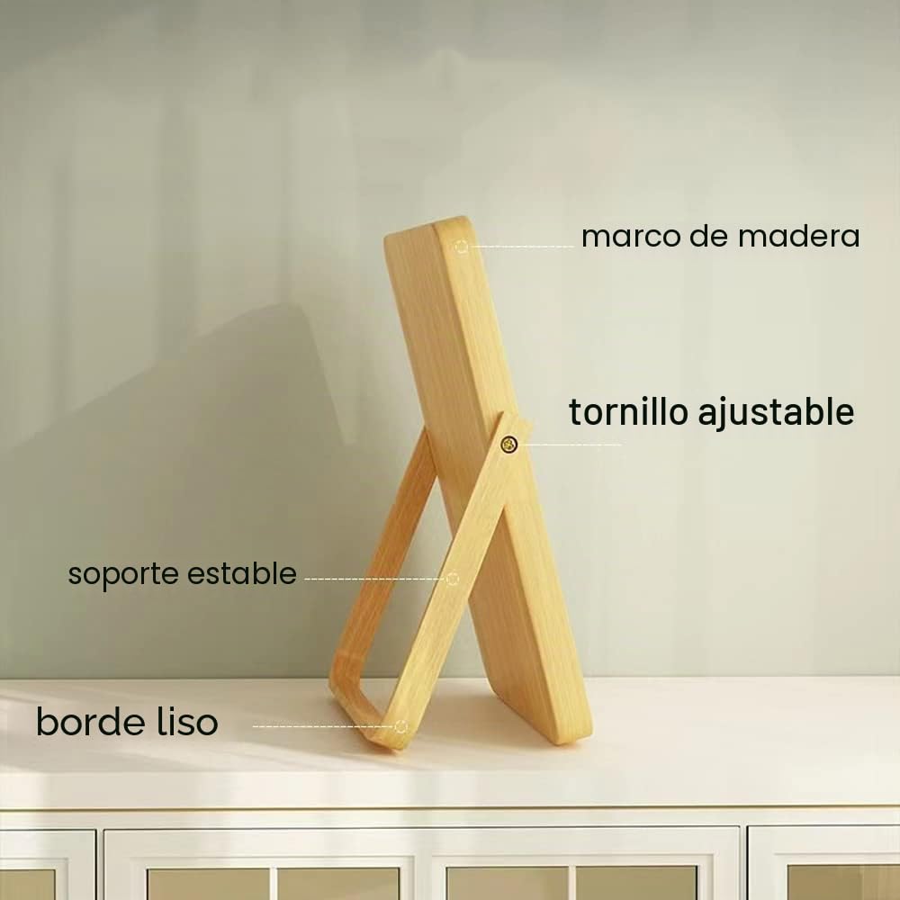 Espejo de madera portátil con soporte para maquillaje, de tocador, de mesa, de escritorio, espejo rectangular de baño de viaje de alta definición plegable que se sostiene solo (blanco)