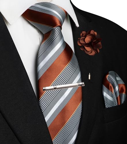 Image of JEMYGINS Mens Striped Tie and Lapel Pin Necktie Pocket Square and Tie Clip Sets for Business Casual 4PCS