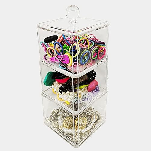 ZEQIDOU Hair Accessories Organizer, Hair Organizer Storage, Acrylic Headbands Holder, Hair Tie,Hair Tools,Scrunchie Storage Organizer, Clear 3 Stackable Holder with Lids for Organizing