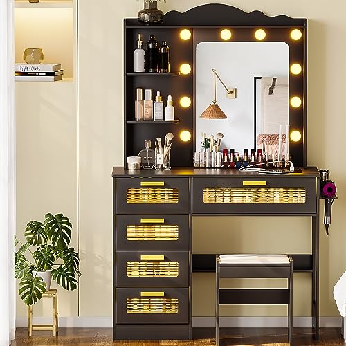 Gurexl Vanity Desk with Lighted Mirror, Makeup Table with 10 LED Light, Large Modern Make-up Dressing-Table Set with Cushioned Stool for Bedroom