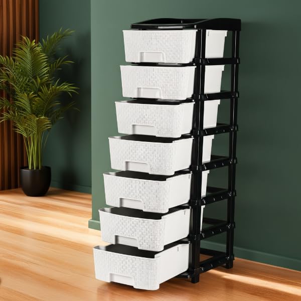 Image of KITCHIVO Plastic Modular Drawer Storage Chest Of Drawers Organizer Storage Box, Large Stomo Racks For Multipurpose Anti-slip Shoes Organizers (White & Black, 7 Layer)