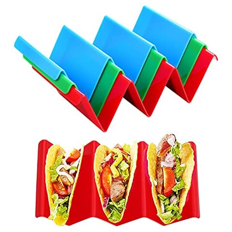 Vethwal 3 Pack Colorful Taco Holders, Taco Holder Stand with Handle Can Hold 2 or 3 Tacos Each, Sturdy, BPA Free Healthy PP Material Dishwasher & Microwave Safe Cover