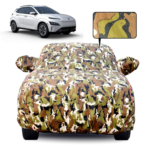Image of Waterproof Car Body Cover for Hyundai KONA with Mirror Pocket, Soft Cotton Lining, Triple Stitched, Full Bottom Elastic (Heat Resistant Jungle Print with Red Piping)