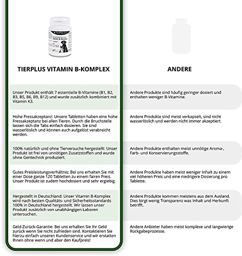 Tierplus Vitamin B Komplex für Hunde & Katzen- B1, B2, B3, B5, B6, B9, B12, K3, 120 Tabletten, hochdosiert- Made in Germany