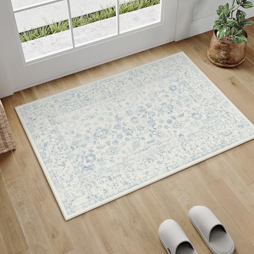 PureCozy 2x3 Blue Entryway Area Rug Machine Washable Door Mat Kitchen Vintage Distressed Non Slip Carpet Indoor Retro Floral Accent Throw Small Rug for Bathroom Office Bedroom Living Dining